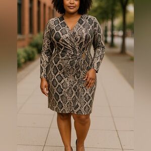 Chaps Snake Print Long Sleeve Dress - Black and Tan